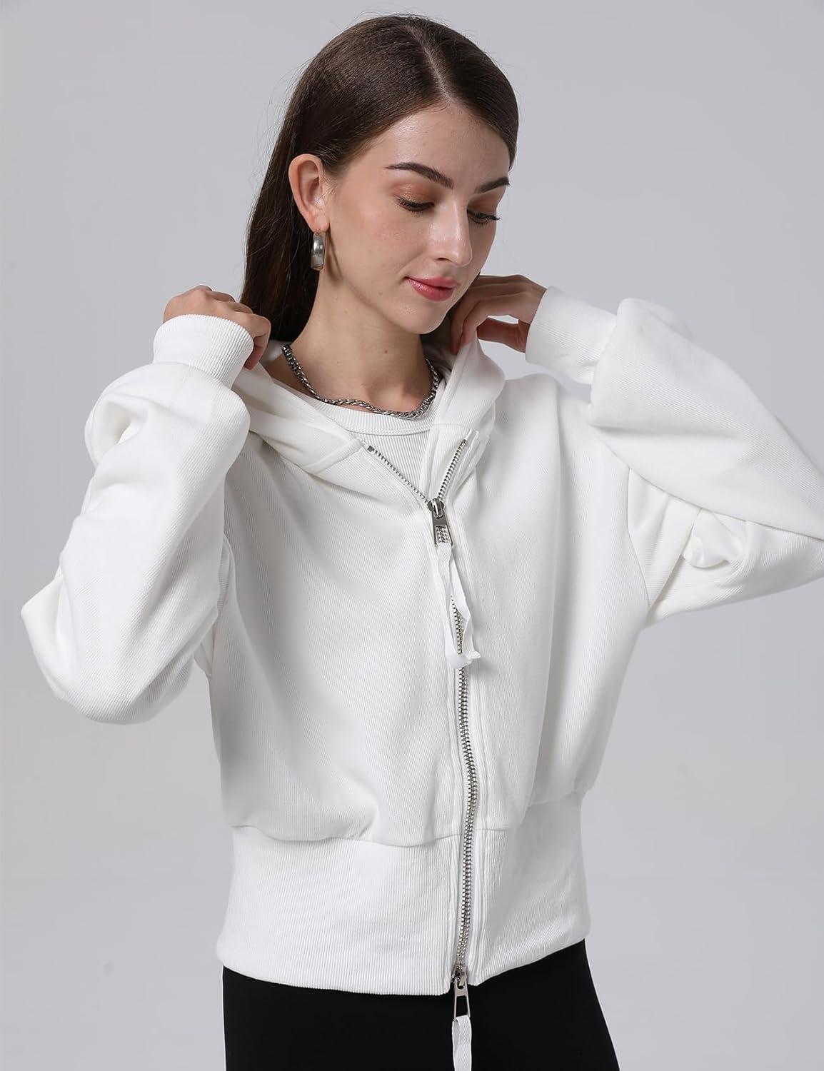 Arssm Cropped Hoodie Women Zip Up Long Sleeve Sweatshirts Casual Fashion Hooded Workout Jacket Crop Top(White)