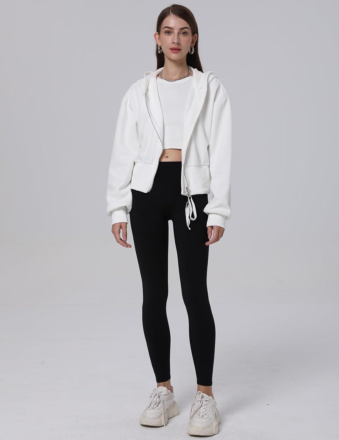 Arssm Cropped Hoodie Women Zip Up Long Sleeve Sweatshirts Casual Fashion Hooded Workout Jacket Crop Top(White)