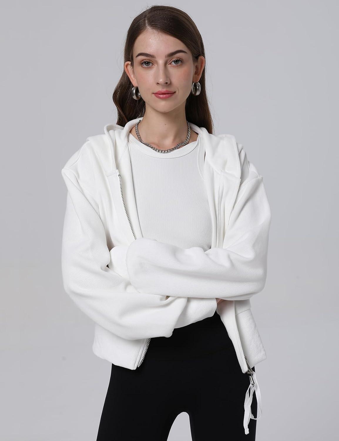 Arssm Cropped Hoodie Women Zip Up Long Sleeve Sweatshirts Casual Fashion Hooded Workout Jacket Crop Top(White)