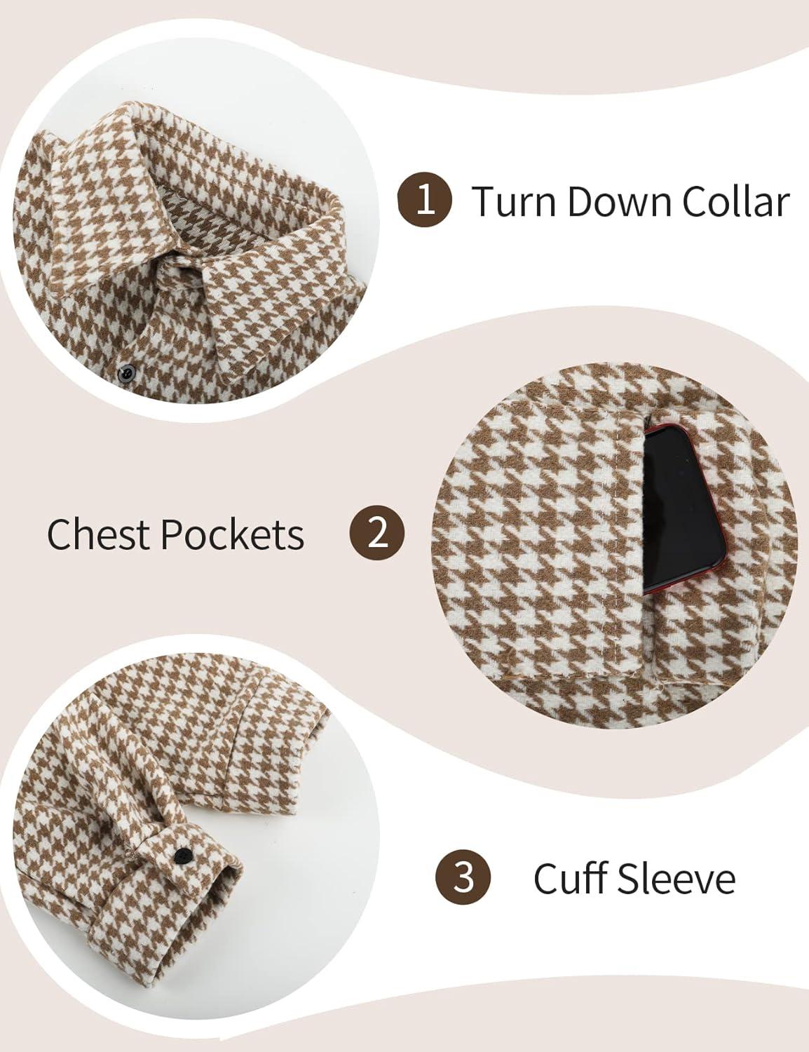 Arssm Plaid Shacket Jacket Women Long Sleeve Oversized Button Down Shirt Houndstooth Flannel Casual Tops (Khaki-XL)