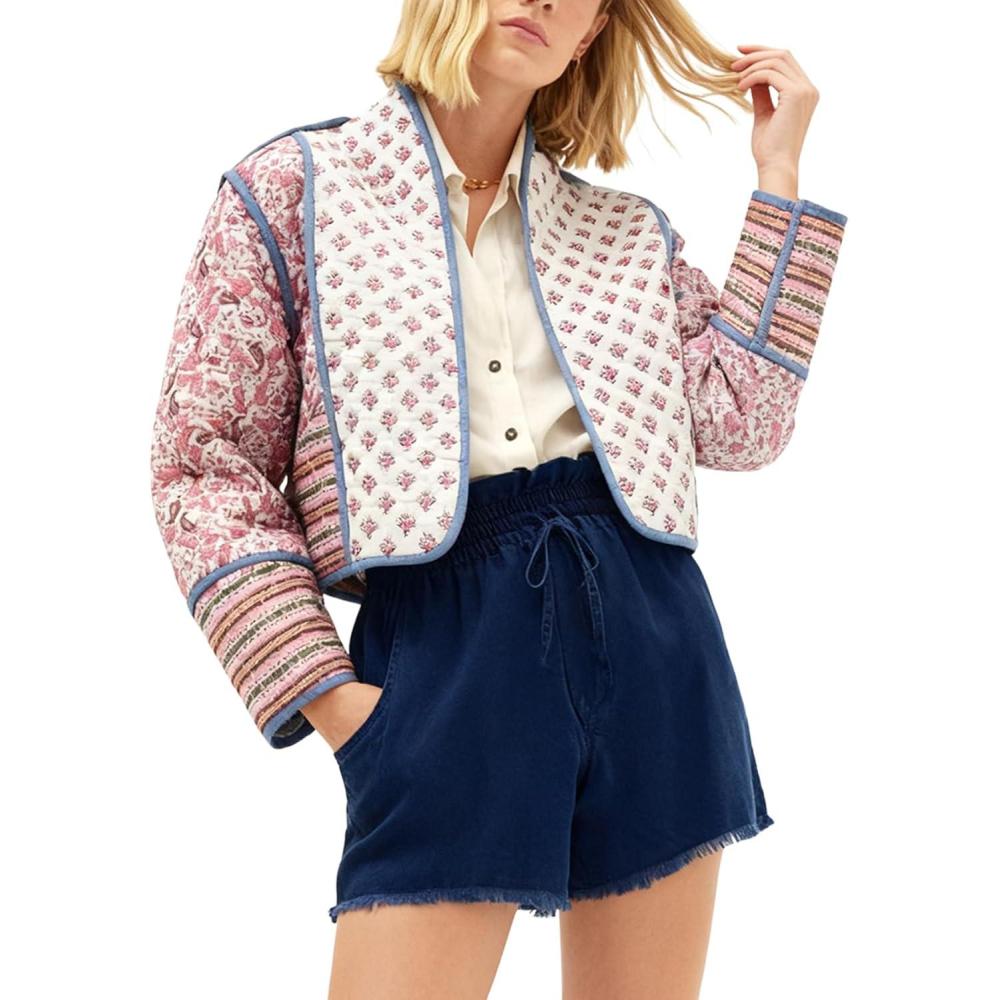 Arssm Women Floral Quilted Puffer Jacket Cropped Lightweight Patchwork Vintage Padded Short Coat Outerwear(Pink)