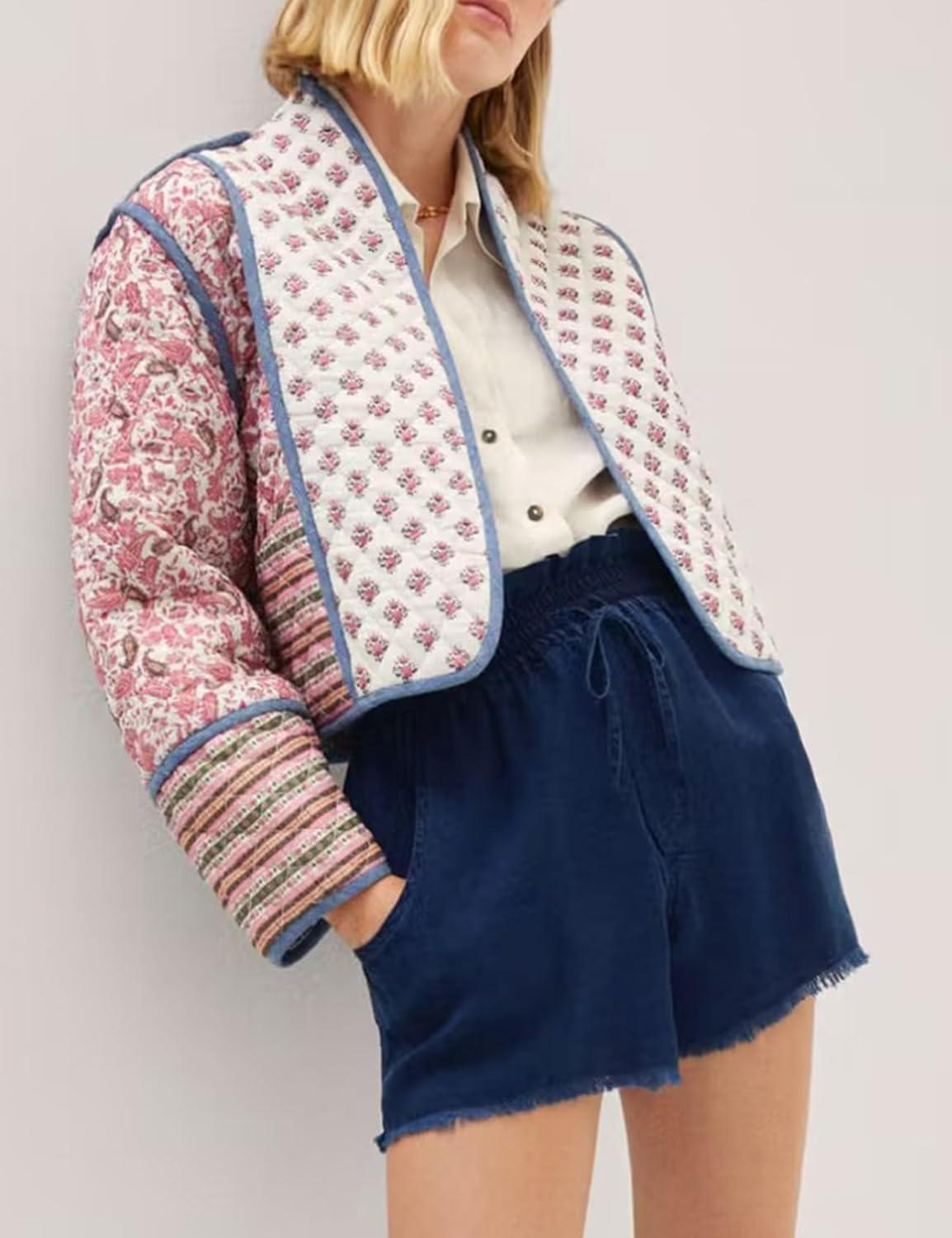 Arssm Women Floral Quilted Puffer Jacket Cropped Lightweight Patchwork Vintage Padded Short Coat Outerwear(Pink)