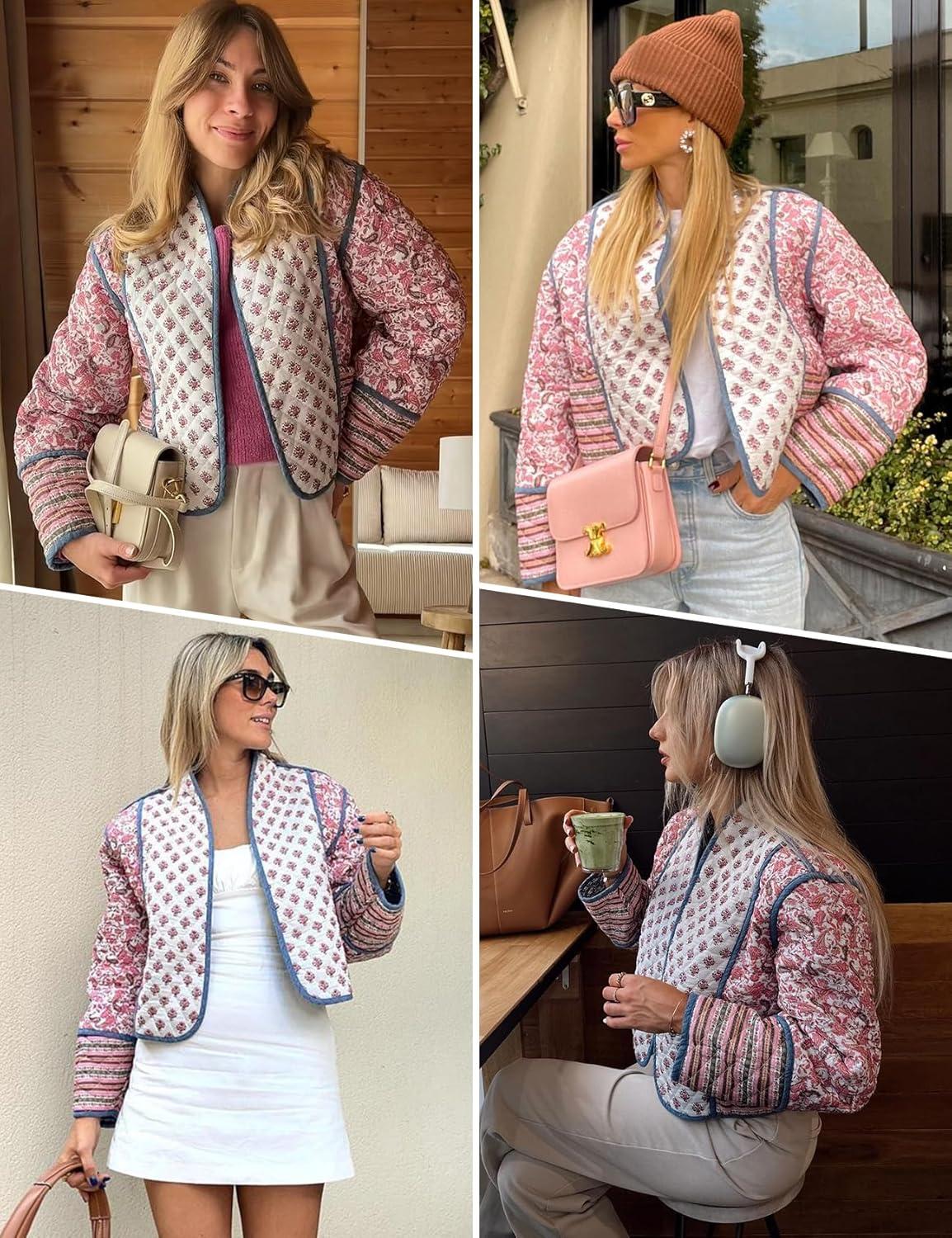 Arssm Women Floral Quilted Puffer Jacket Cropped Lightweight Patchwork Vintage Padded Short Coat Outerwear(Pink)
