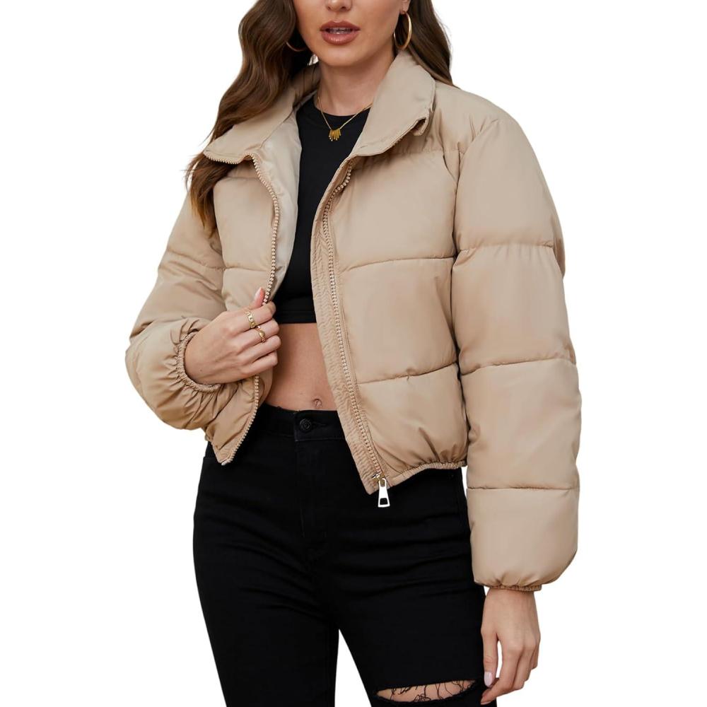 Arssm Women Cropped Puffer Jacket Short Puffy Jacket Crop Warm Winter Coats with Pockets(Khaki)