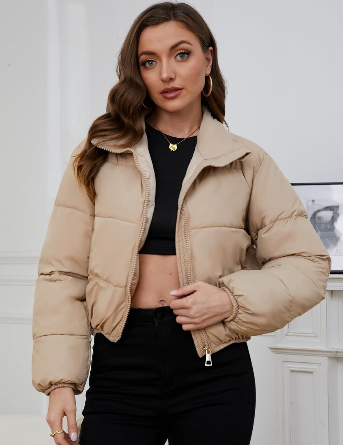 Arssm Women Cropped Puffer Jacket Short Puffy Jacket Crop Warm Winter Coats with Pockets(Khaki)