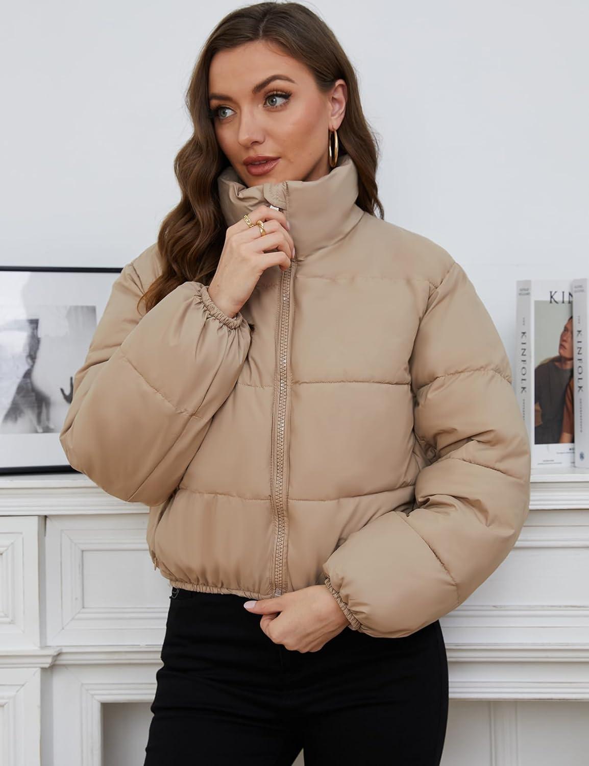 Arssm Women Cropped Puffer Jacket Short Puffy Jacket Crop Warm Winter Coats with Pockets(Khaki)