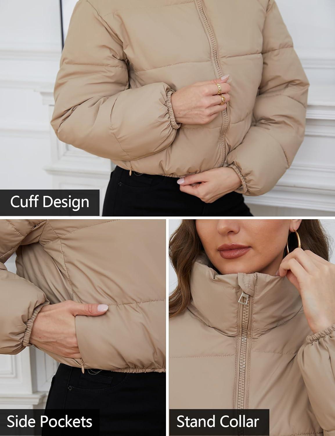 Arssm Women Cropped Puffer Jacket Short Puffy Jacket Crop Warm Winter Coats with Pockets(Khaki)