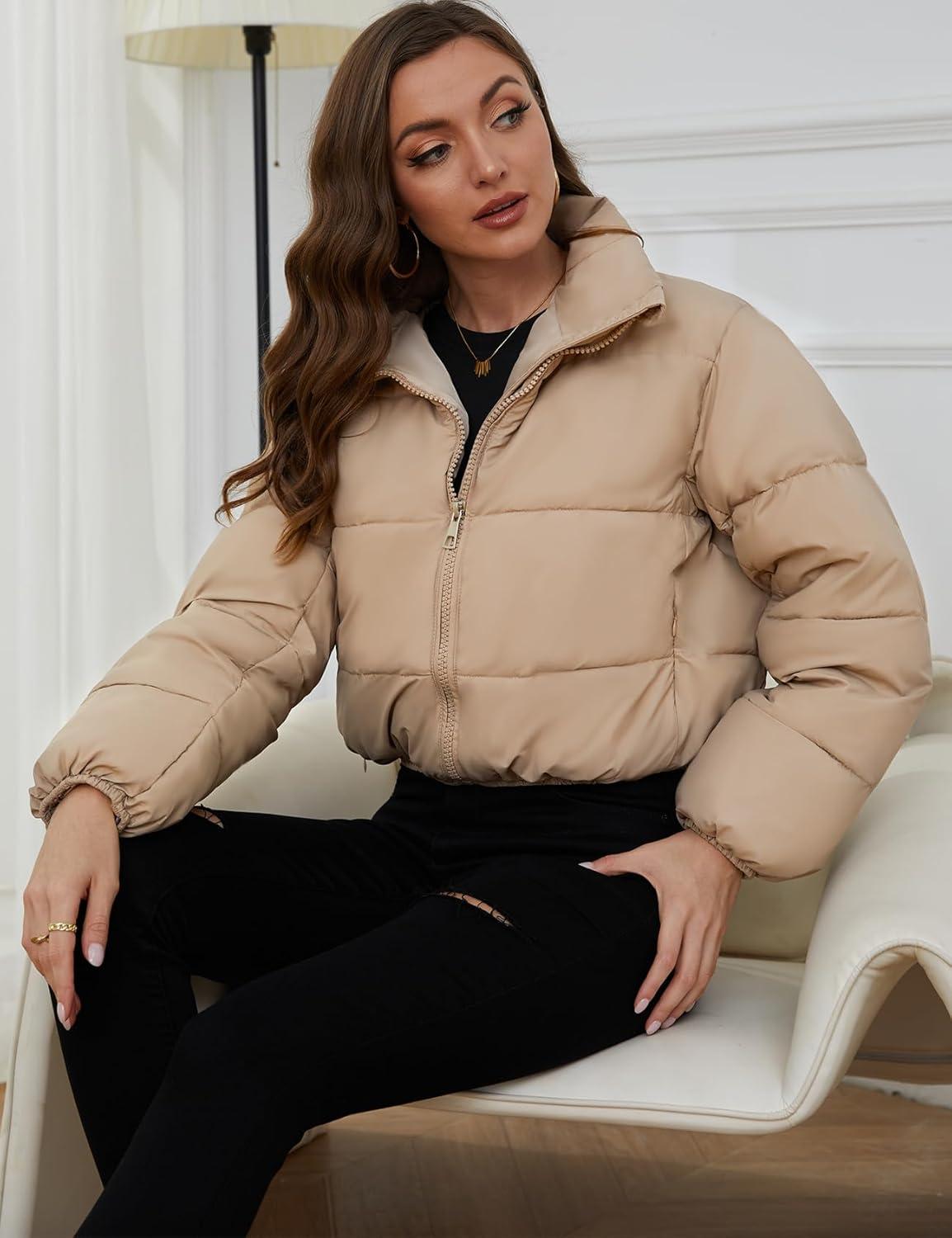 Arssm Women Cropped Puffer Jacket Short Puffy Jacket Crop Warm Winter Coats with Pockets(Khaki)