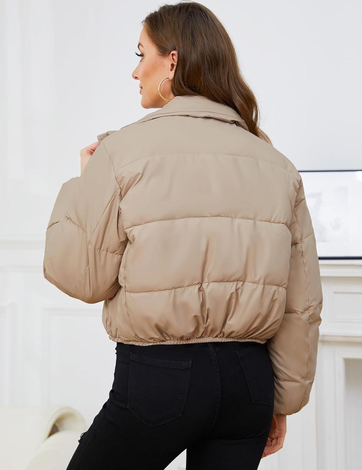 Arssm Women Cropped Puffer Jacket Short Puffy Jacket Crop Warm Winter Coats with Pockets(Khaki)