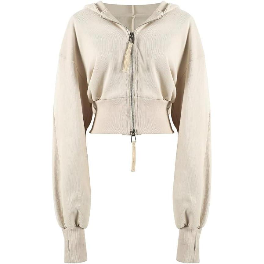 Arssm Cropped Hoodie Women Zip Up Long Sleeve Sweatshirts Casual Fashion Hooded Workout Jacket Crop Top(Beige)