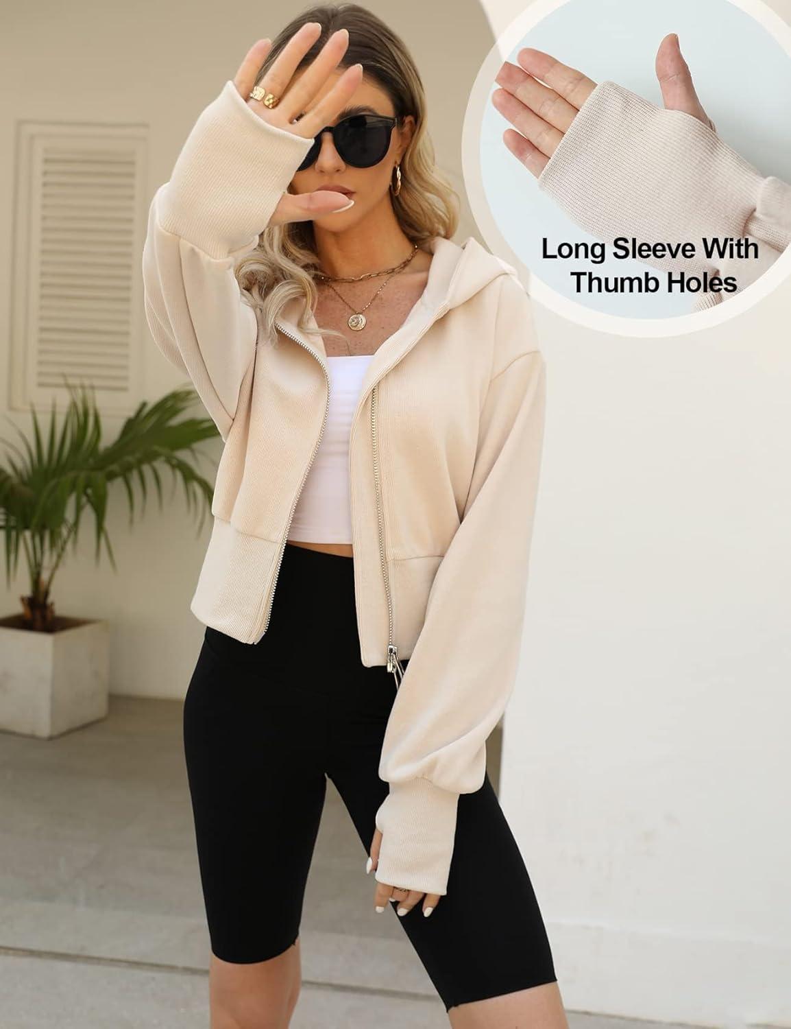 Arssm Cropped Hoodie Women Zip Up Long Sleeve Sweatshirts Casual Fashion Hooded Workout Jacket Crop Top(Beige)