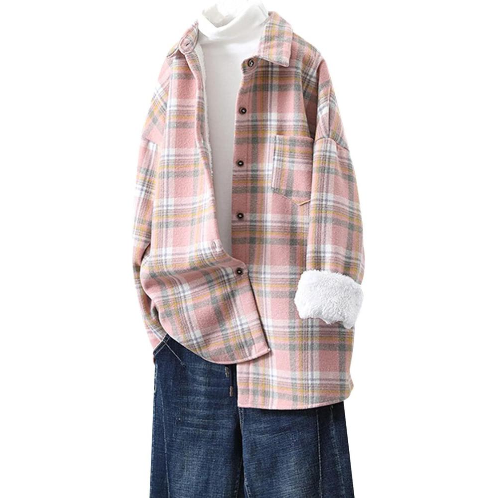 Arssm Plaid Shacket Jacket Women Warm Fleece Sherpa Lined Flannel Jacket Lapel Button Down Shirt Coat (LightKhaki-S)