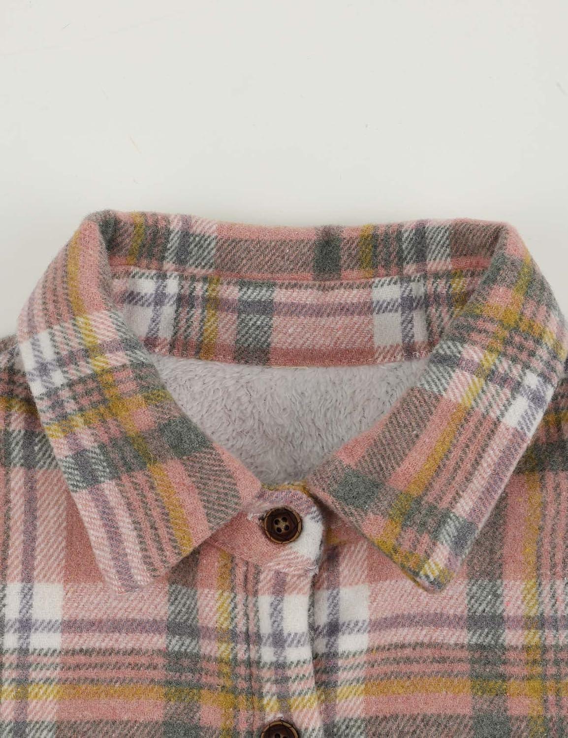 Arssm Plaid Shacket Jacket Women Warm Fleece Sherpa Lined Flannel Jacket Lapel Button Down Shirt Coat (LightKhaki-S)