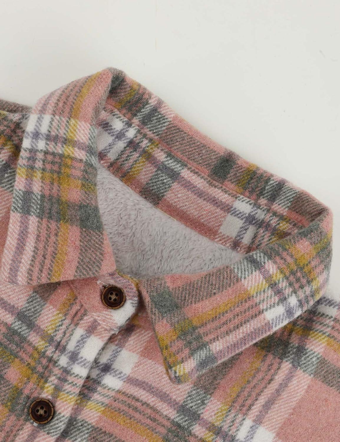 Arssm Plaid Shacket Jacket Women Warm Fleece Sherpa Lined Flannel Jacket Lapel Button Down Shirt Coat (LightKhaki-S)