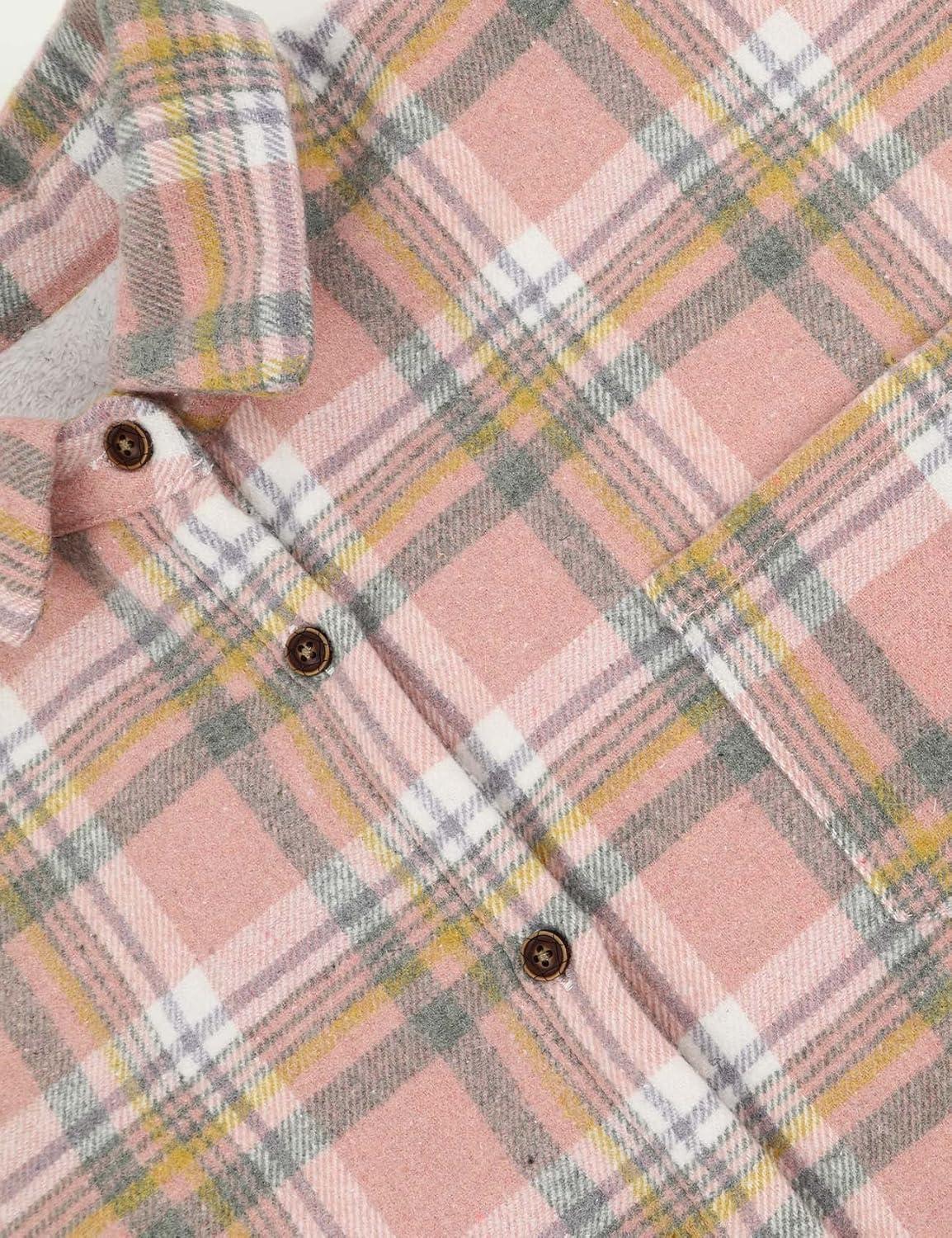 Arssm Plaid Shacket Jacket Women Warm Fleece Sherpa Lined Flannel Jacket Lapel Button Down Shirt Coat (LightKhaki-S)