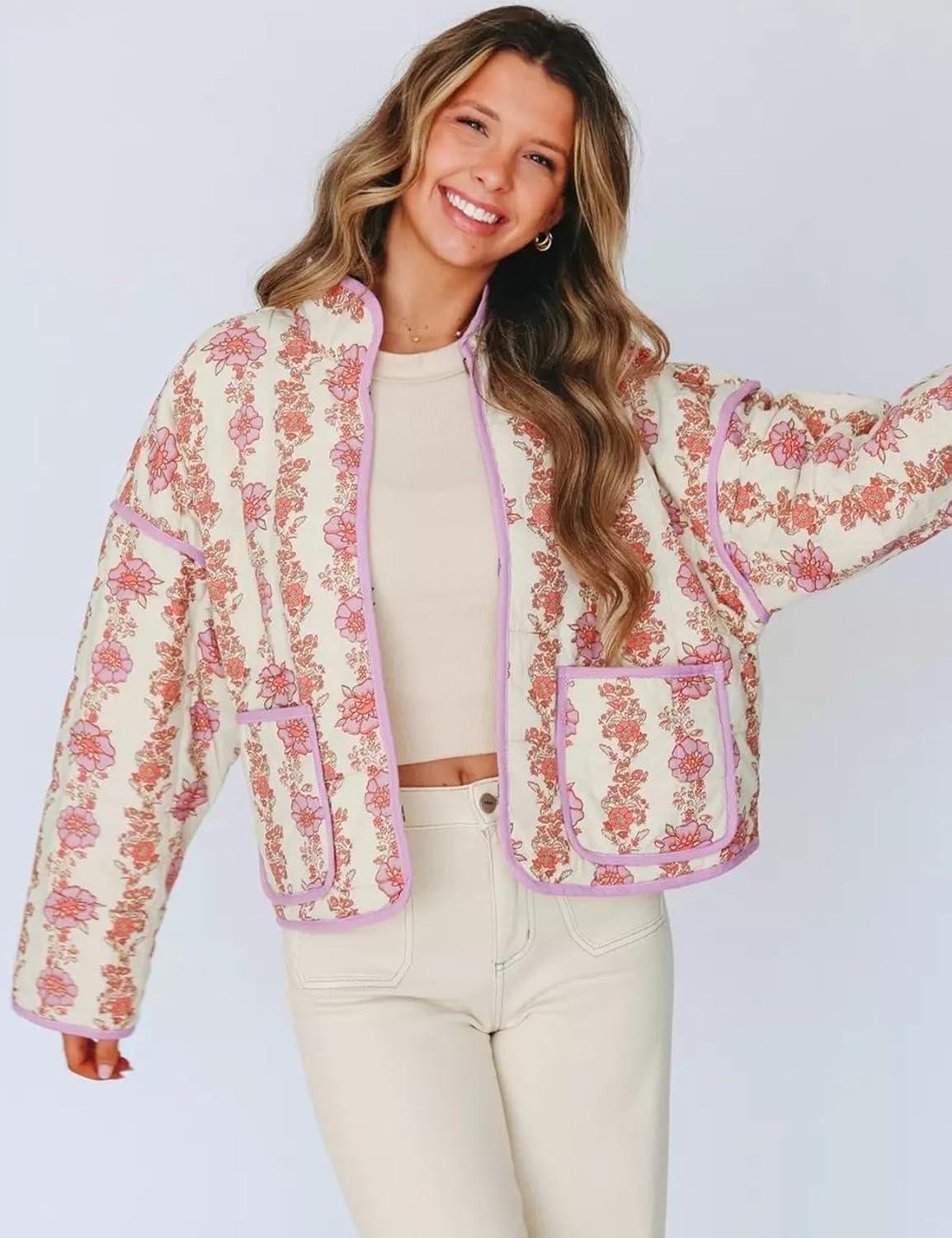 Arssm Women Floral Quilted Puffer Jacket Cropped Lightweight Patchwork Vintage Padded Short Coat Outerwear(Purple)