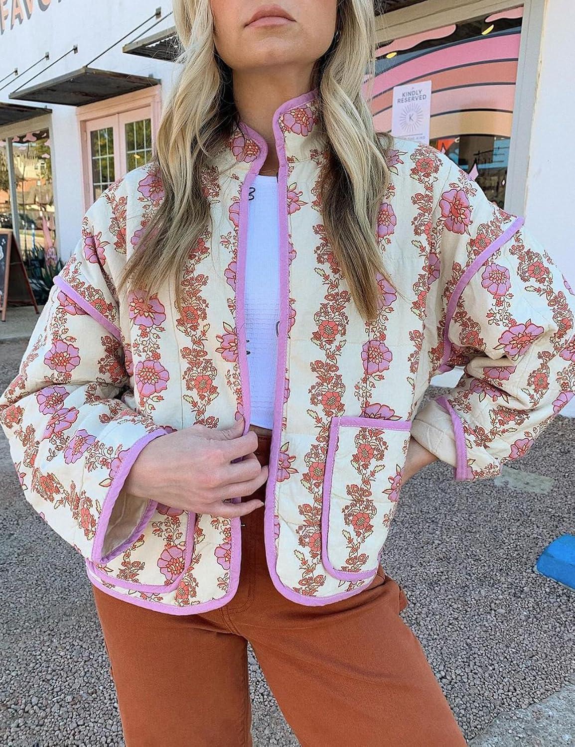 Arssm Women Floral Quilted Puffer Jacket Cropped Lightweight Patchwork Vintage Padded Short Coat Outerwear(Purple)