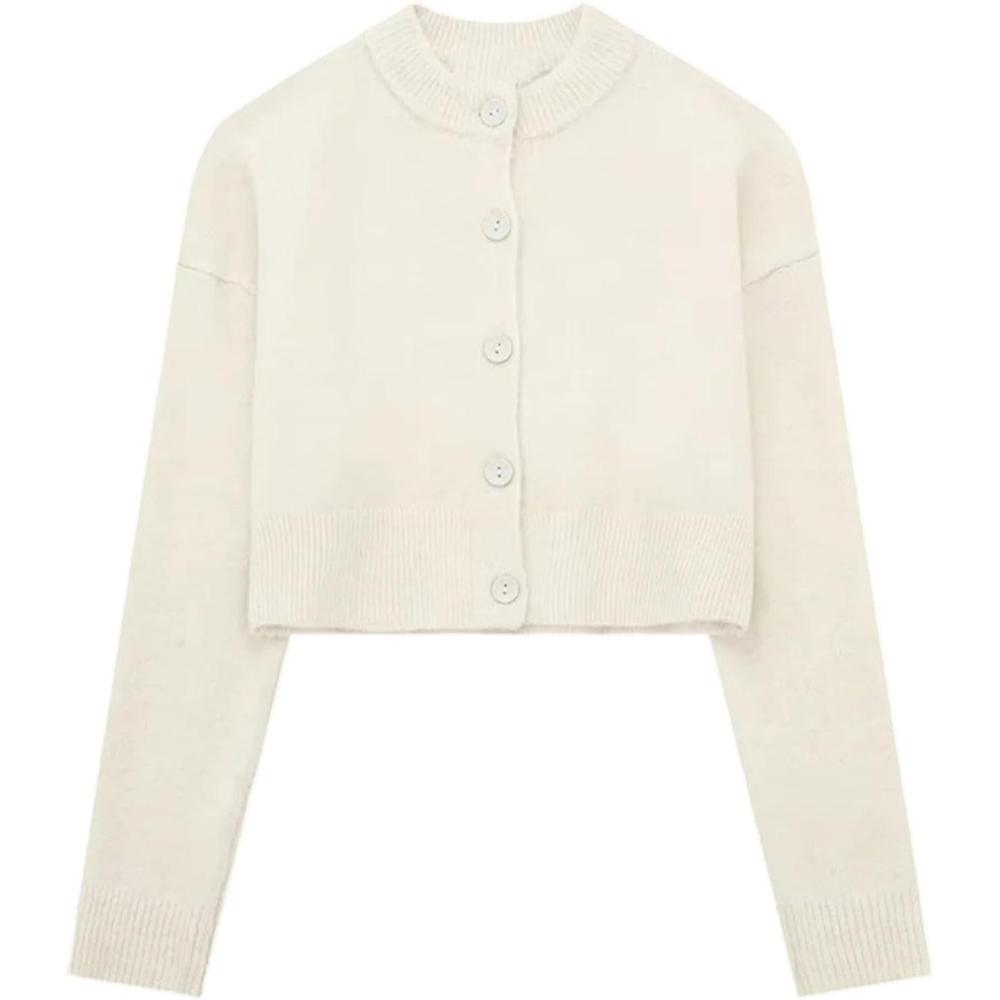 Arssm Womens Crop Cardigan Sweaters 2024 Crewneck Long Sleeve Sweater Button Down Knit Sweater Top(Beige-S)