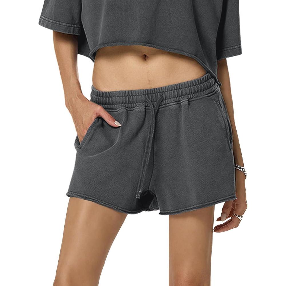 Arssm Womens Sweat Shorts Acid Wash Athletic Shorts Cotton Drawstring High Waist Workout Summer Shorts(Grey)