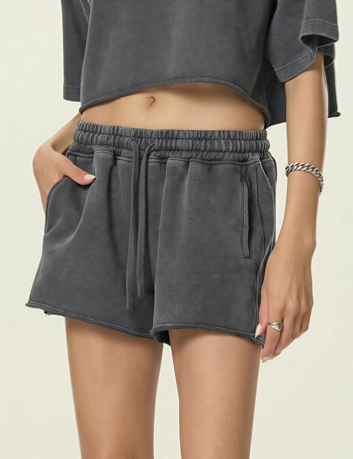 Arssm Womens Sweat Shorts Acid Wash Athletic Shorts Cotton Drawstring High Waist Workout Summer Shorts(Grey)