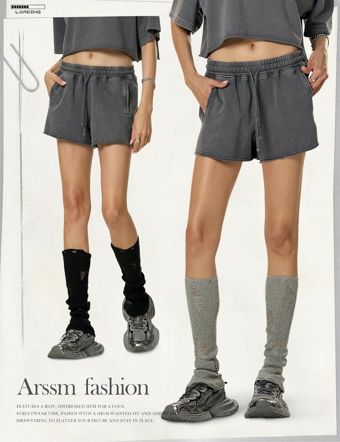 Arssm Womens Sweat Shorts Acid Wash Athletic Shorts Cotton Drawstring High Waist Workout Summer Shorts(Grey)