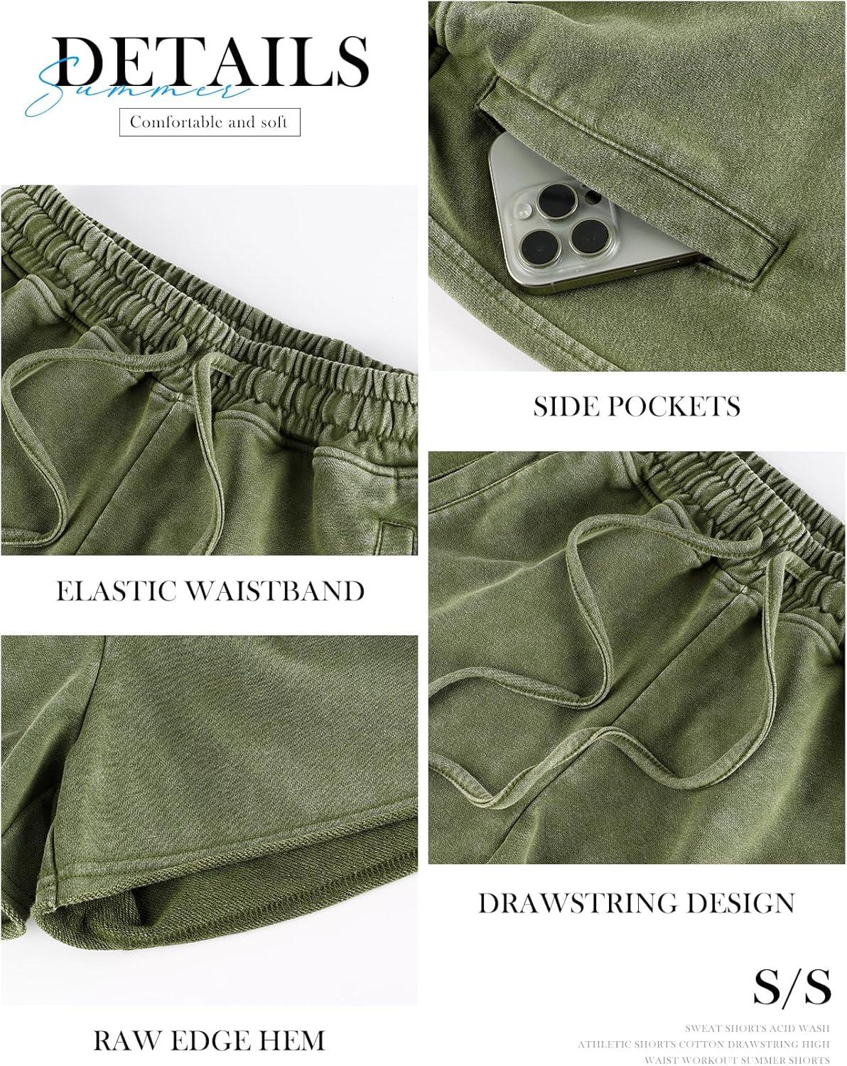 Arssm Womens Sweat Shorts Acid Wash Athletic Shorts Cotton Drawstring High Waist Workout Summer Shorts(Black+army)