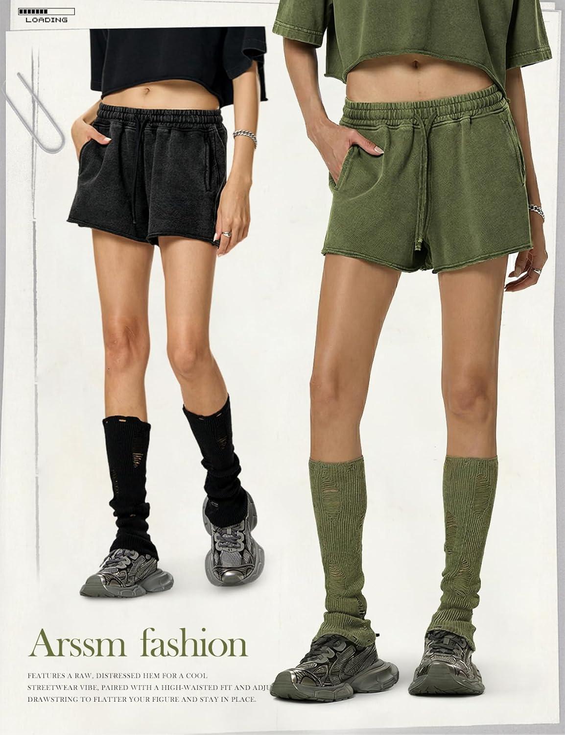 Arssm Womens Sweat Shorts Acid Wash Athletic Shorts Cotton Drawstring High Waist Workout Summer Shorts(Black+army)
