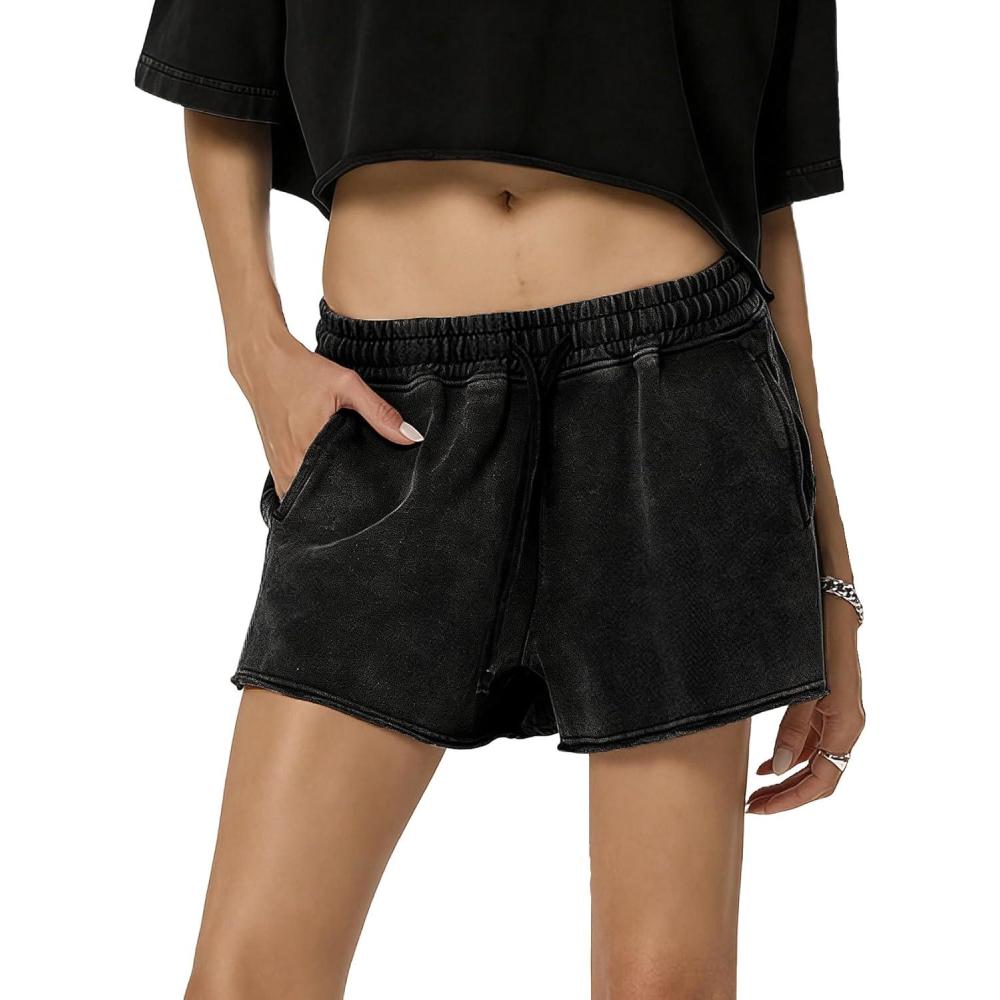 Arssm Womens Sweat Shorts Acid Wash Athletic Shorts Cotton Drawstring High Waist Workout Summer Shorts(Black)