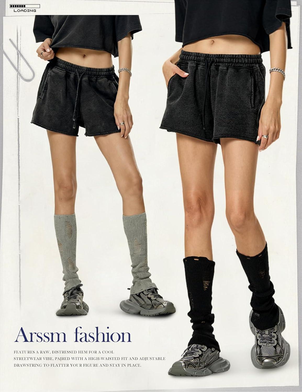 Arssm Womens Sweat Shorts Acid Wash Athletic Shorts Cotton Drawstring High Waist Workout Summer Shorts(Black)