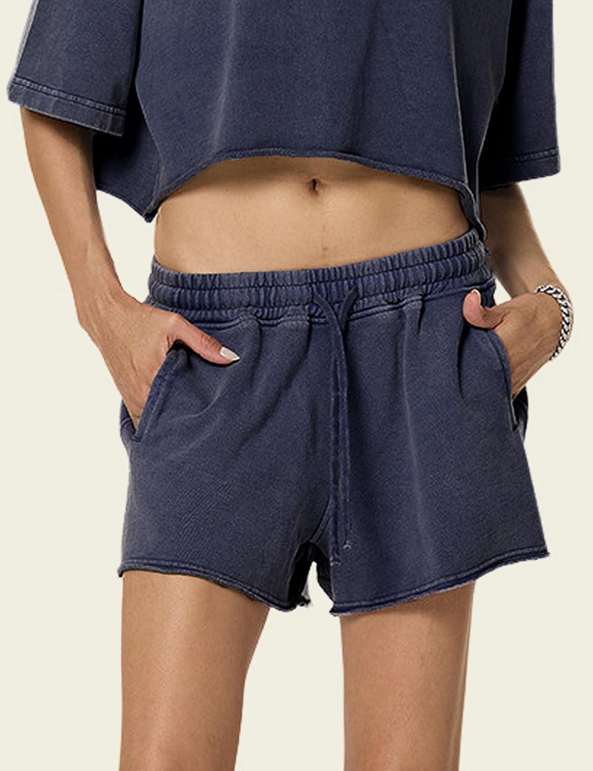 Arssm Womens Sweat Shorts Acid Wash Athletic Shorts Cotton Drawstring High Waist Workout Summer Shorts(Black+navy)