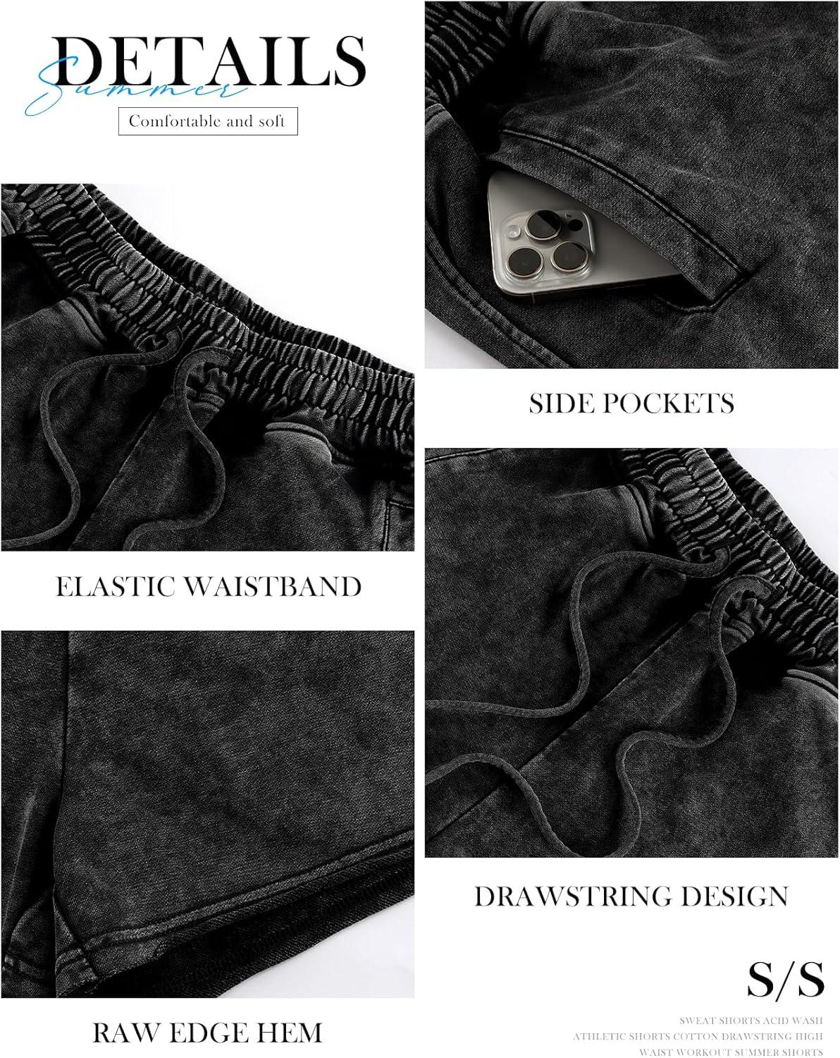 Arssm Womens Sweat Shorts Acid Wash Athletic Shorts Cotton Drawstring High Waist Workout Summer Shorts(Black+navy)