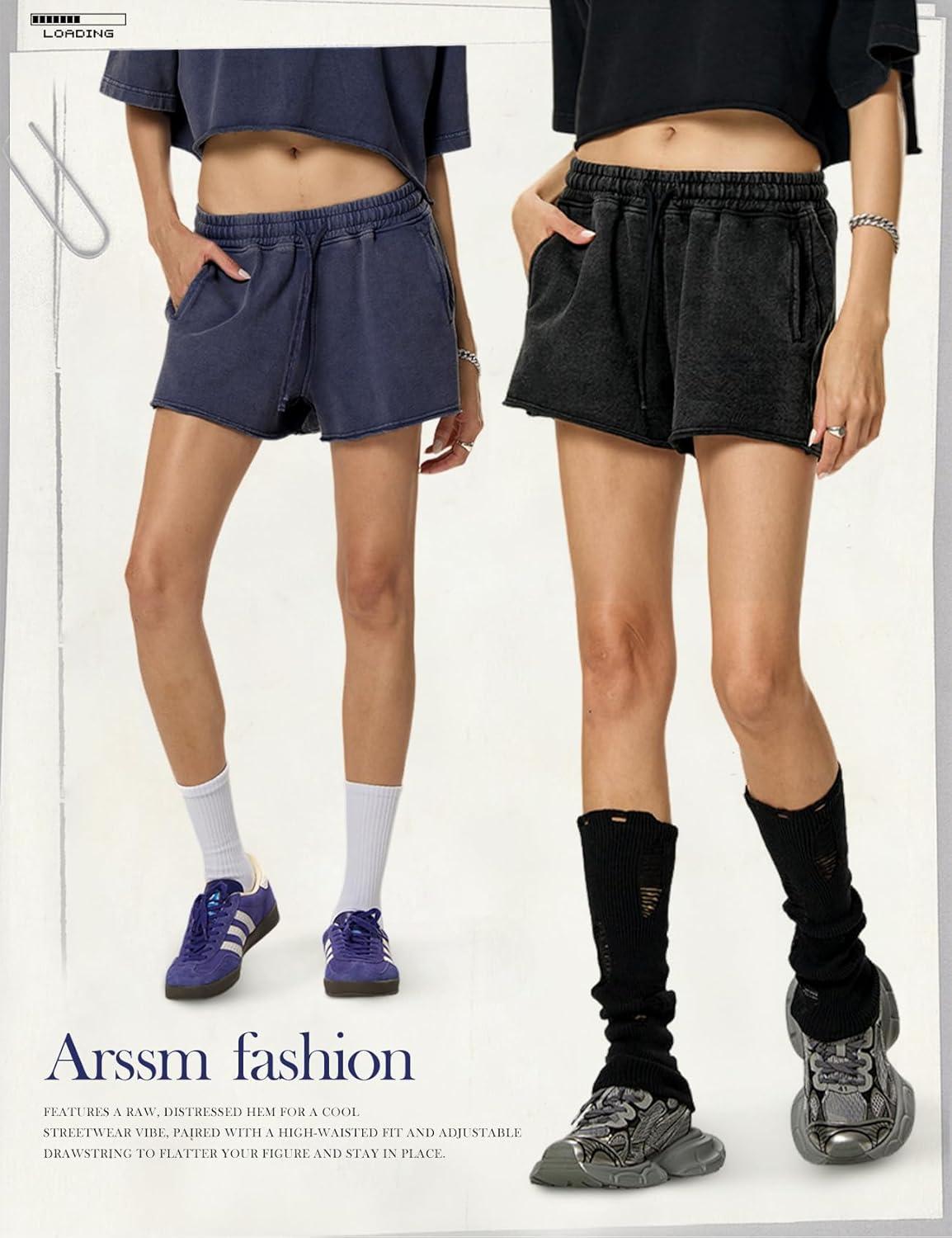 Arssm Womens Sweat Shorts Acid Wash Athletic Shorts Cotton Drawstring High Waist Workout Summer Shorts(Black+navy)