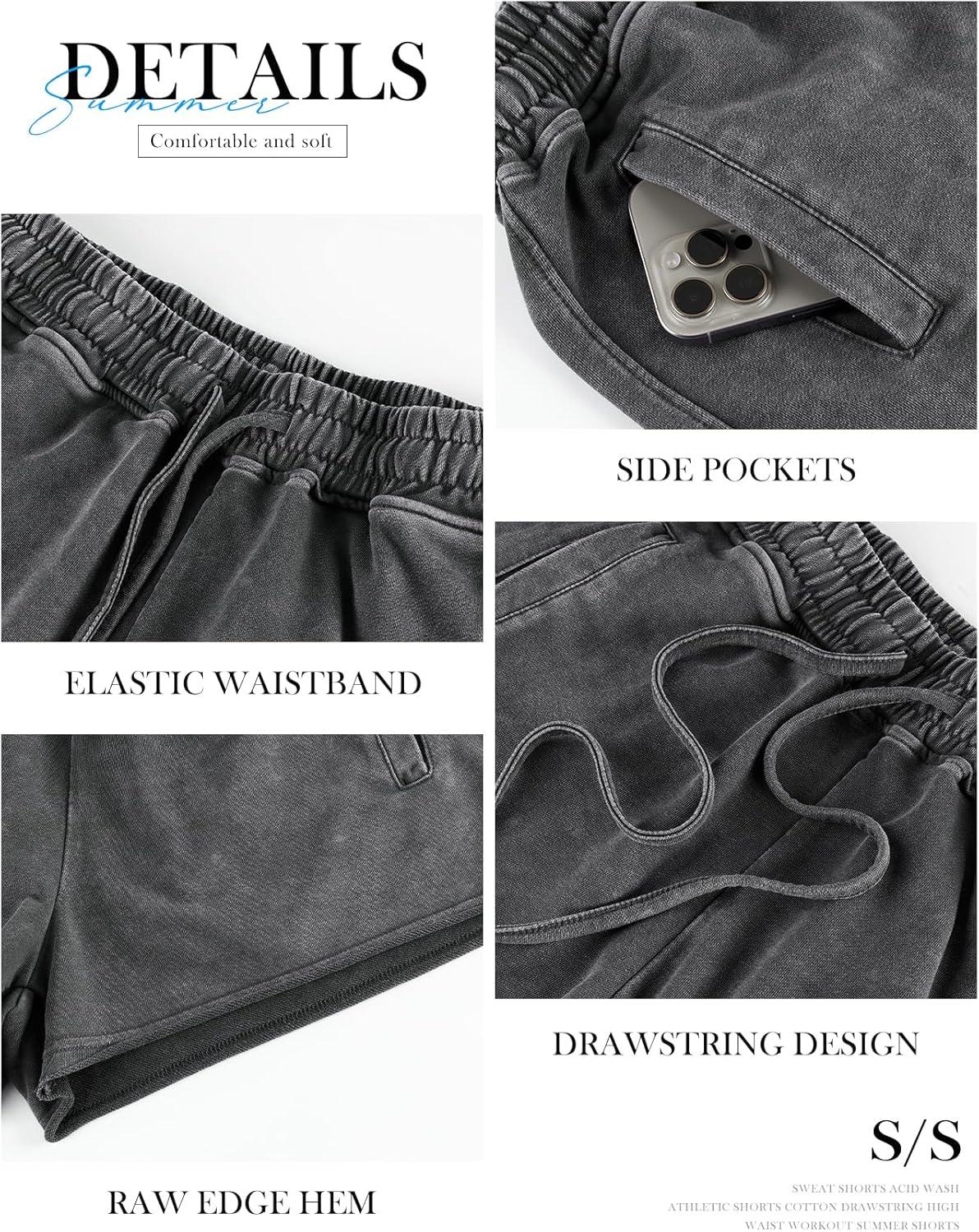 Arssm Womens Sweat Shorts Acid Wash Athletic Shorts Cotton Drawstring High Waist Workout Summer Shorts(Grey+pink)