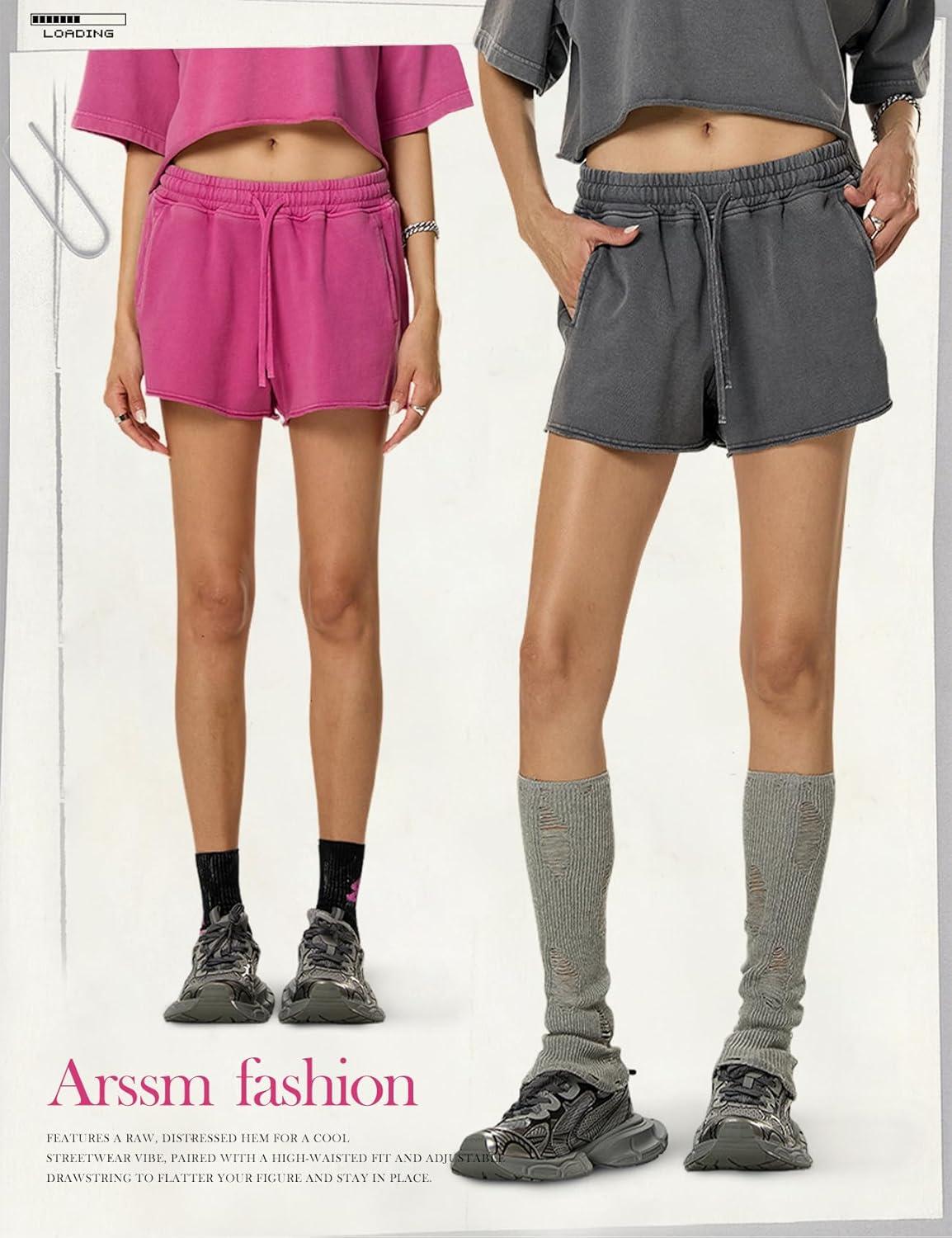 Arssm Womens Sweat Shorts Acid Wash Athletic Shorts Cotton Drawstring High Waist Workout Summer Shorts(Grey+pink)