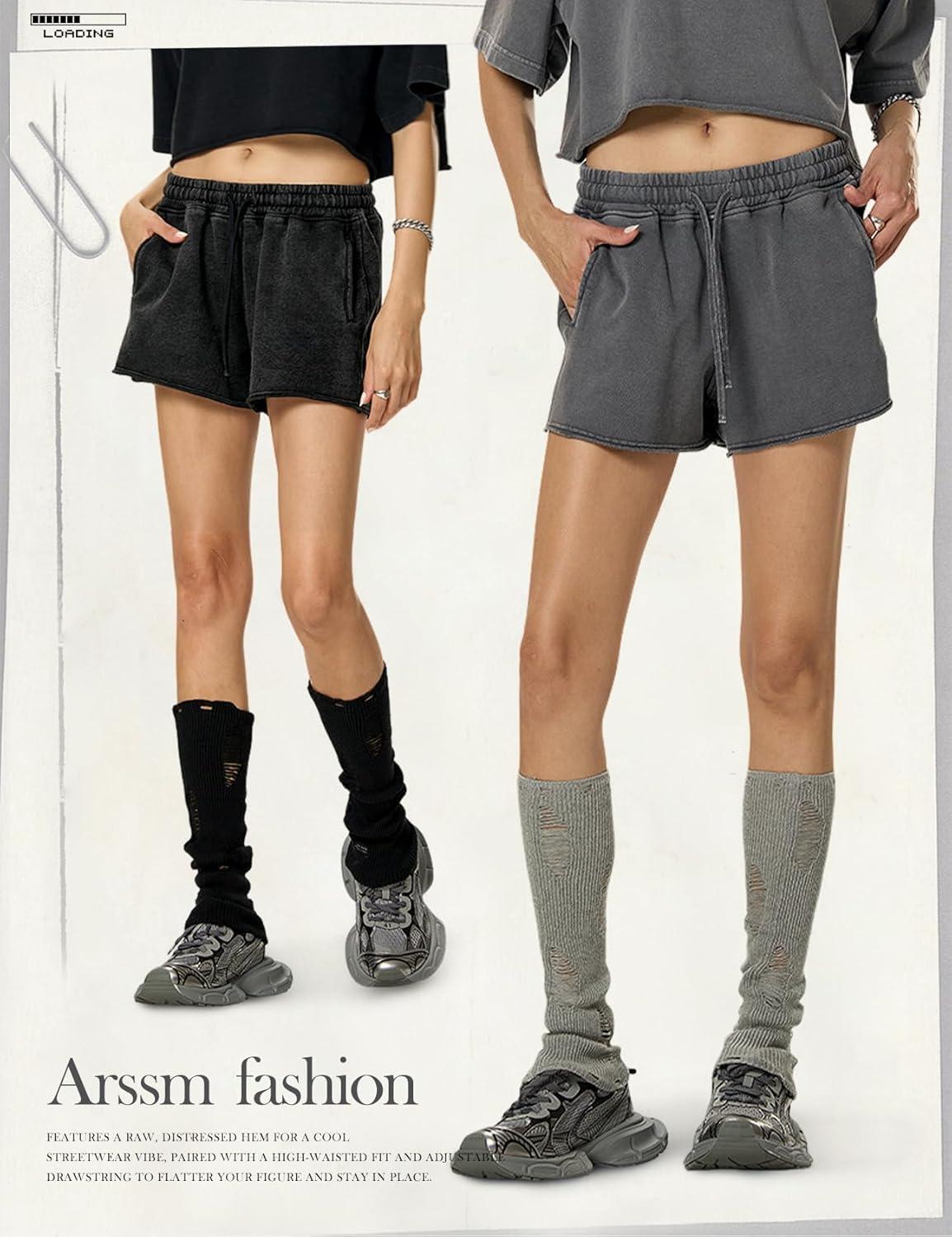 Arssm Womens Sweat Shorts Acid Wash Athletic Shorts Cotton Drawstring High Waist Workout Summer Shorts(Black+grey)