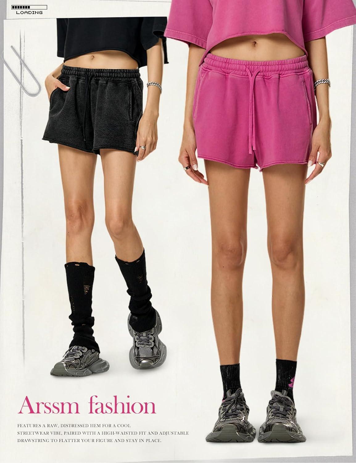 Arssm Womens Sweat Shorts Acid Wash Athletic Shorts Cotton Drawstring High Waist Workout Summer Shorts(Black+pink)
