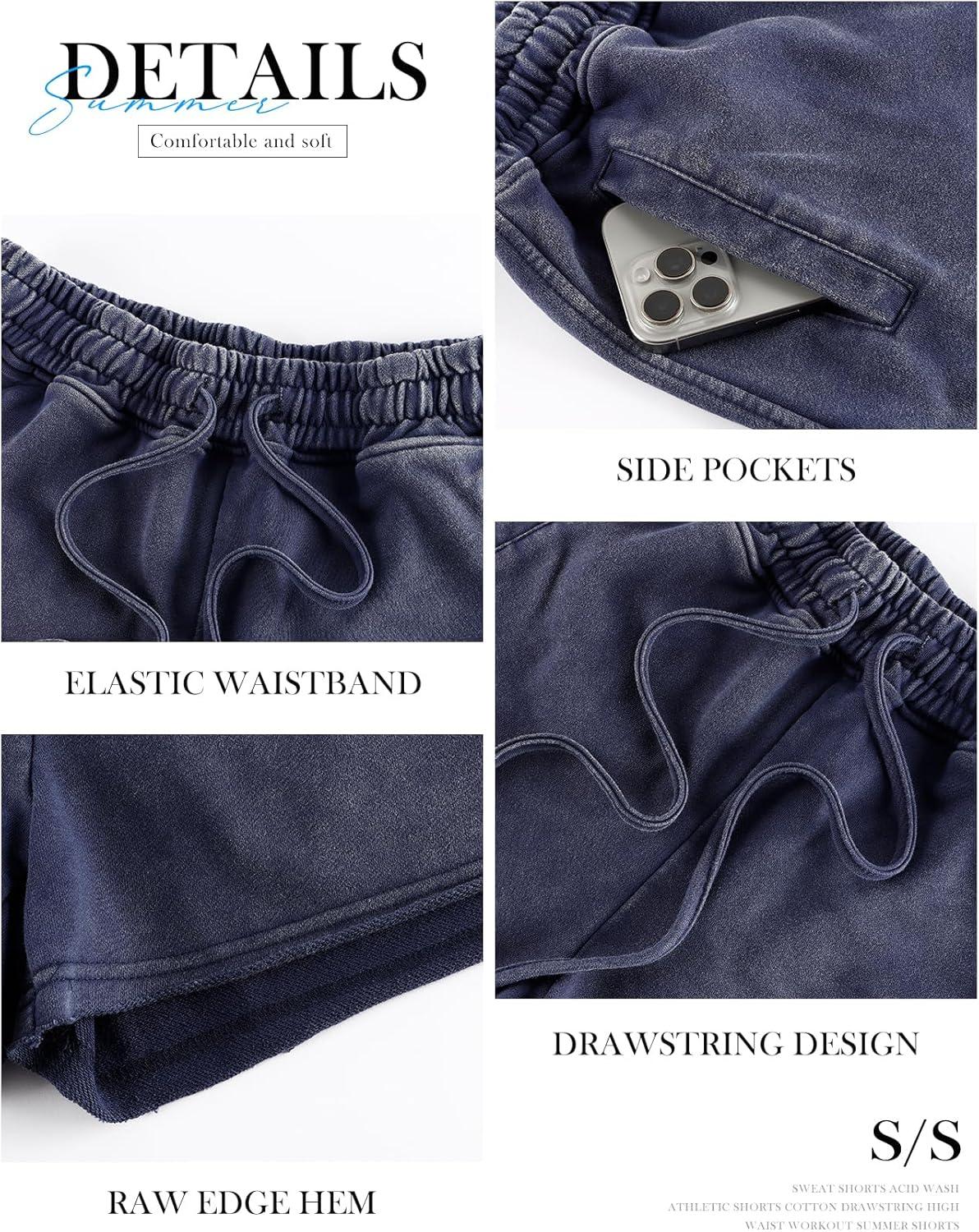 Arssm Womens Sweat Shorts Acid Wash Athletic Shorts Cotton Drawstring High Waist Workout Summer Shorts(Navy+army)