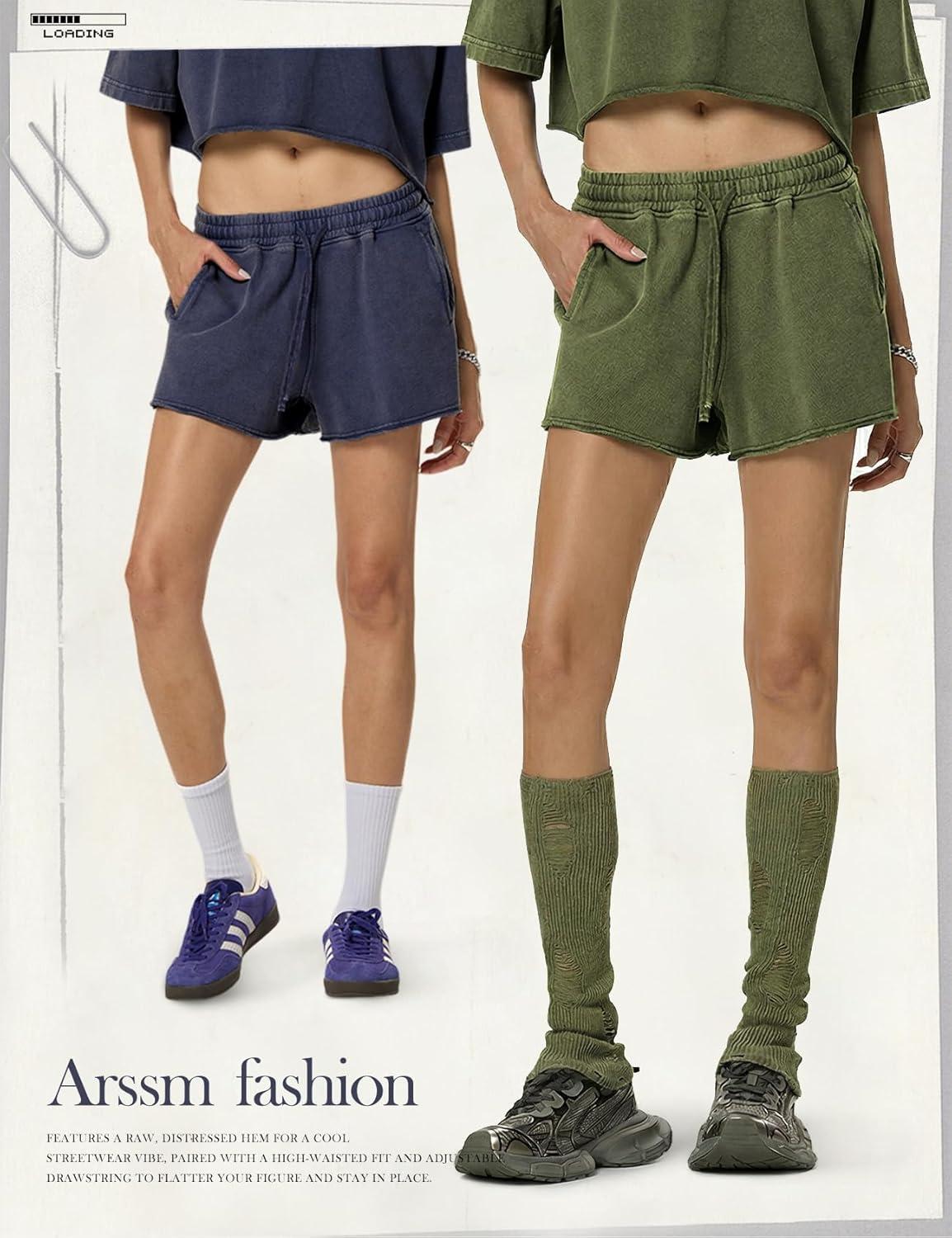 Arssm Womens Sweat Shorts Acid Wash Athletic Shorts Cotton Drawstring High Waist Workout Summer Shorts(Navy+army)