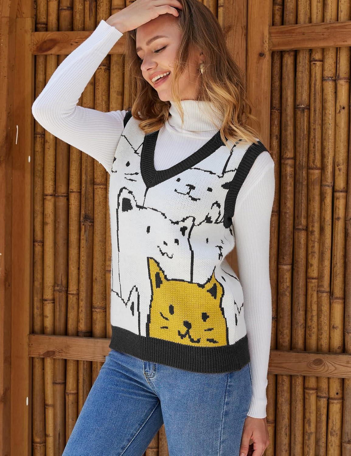 Arssm Womens Cat Print Pullover Sweater Vest V Neck Sleeveless Knit Vests 2025 Pullover Knitted Tank Top(Black)