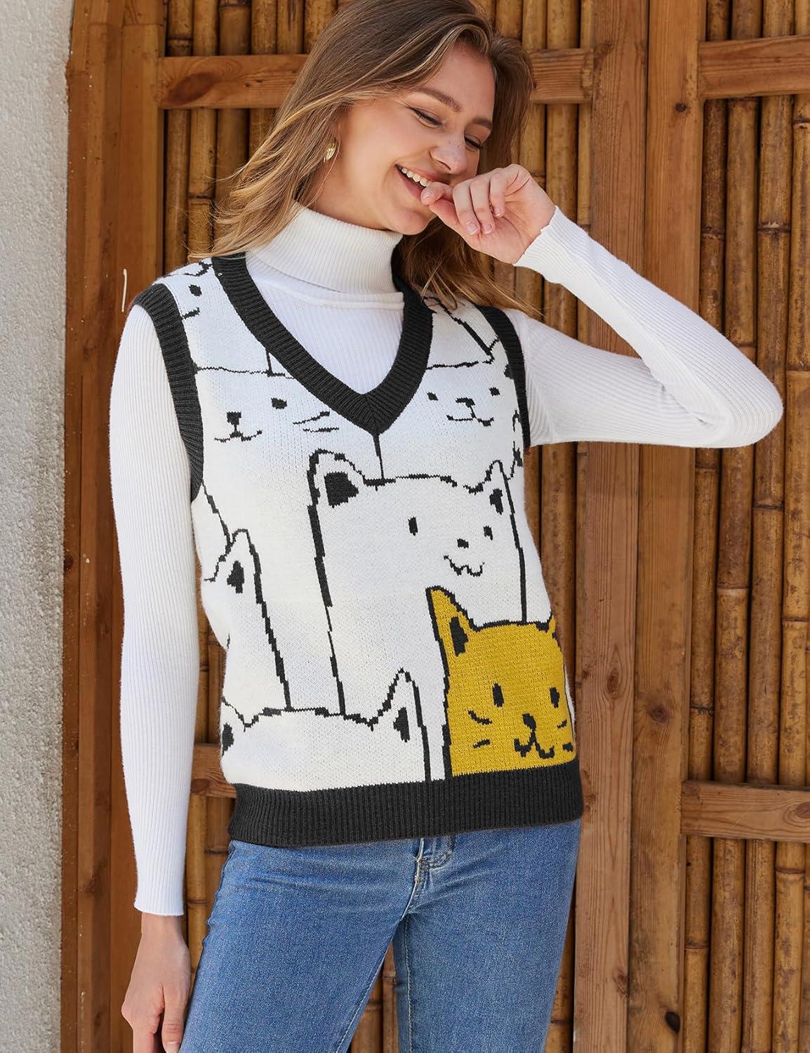 Arssm Womens Cat Print Pullover Sweater Vest V Neck Sleeveless Knit Vests 2025 Pullover Knitted Tank Top(Black)
