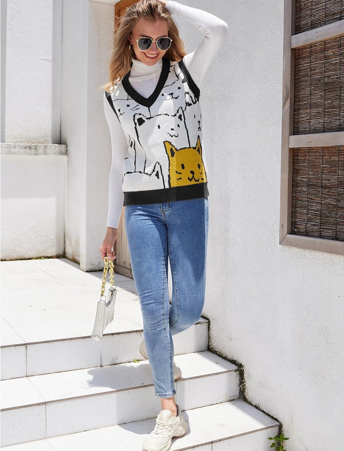 Arssm Womens Cat Print Pullover Sweater Vest V Neck Sleeveless Knit Vests 2025 Pullover Knitted Tank Top(Black)