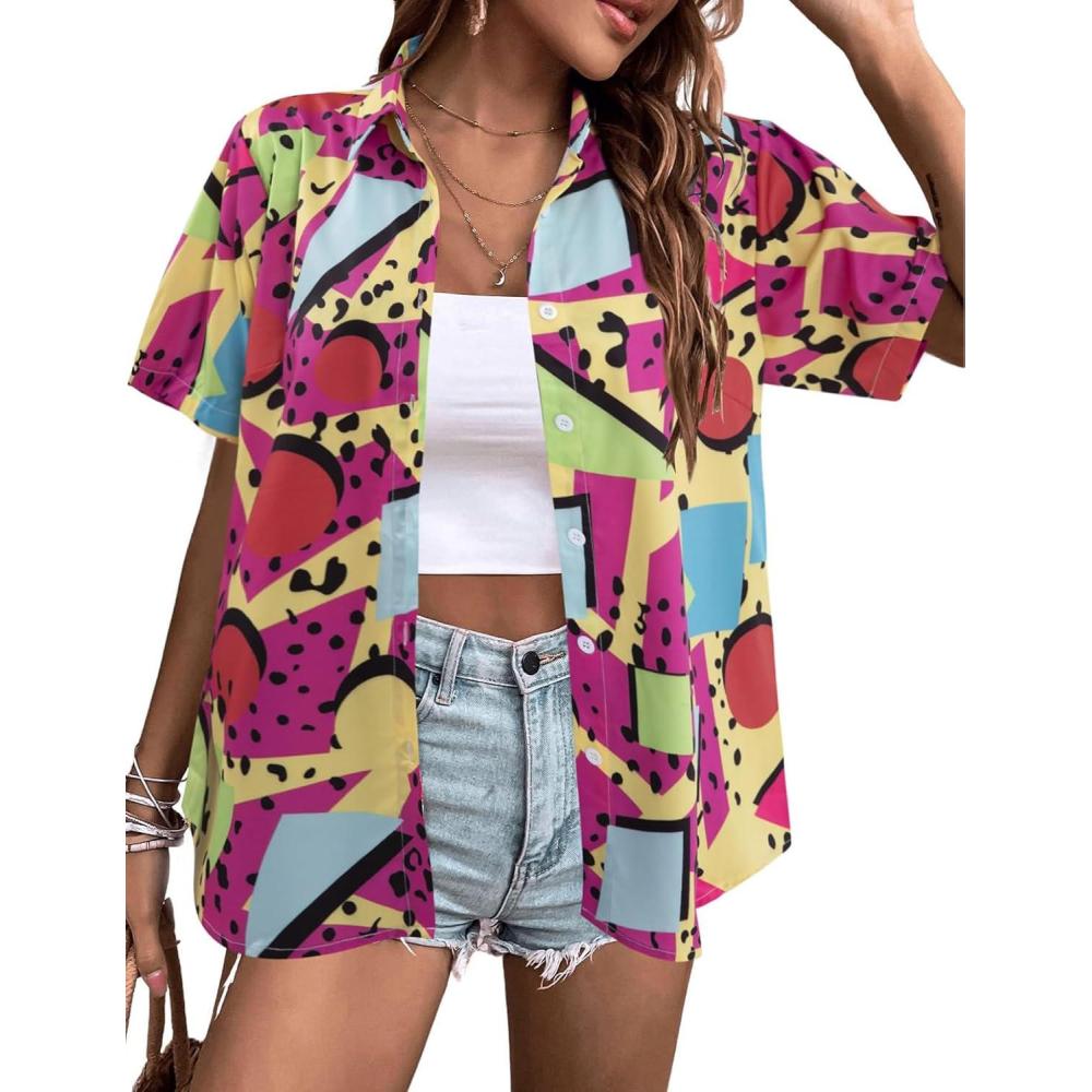 Arssm 80s 90s Shirts for Women Retro Vintage Party Disco Outfits Neon Hawaiian Button Down Blouses Tees Tops(Pink)