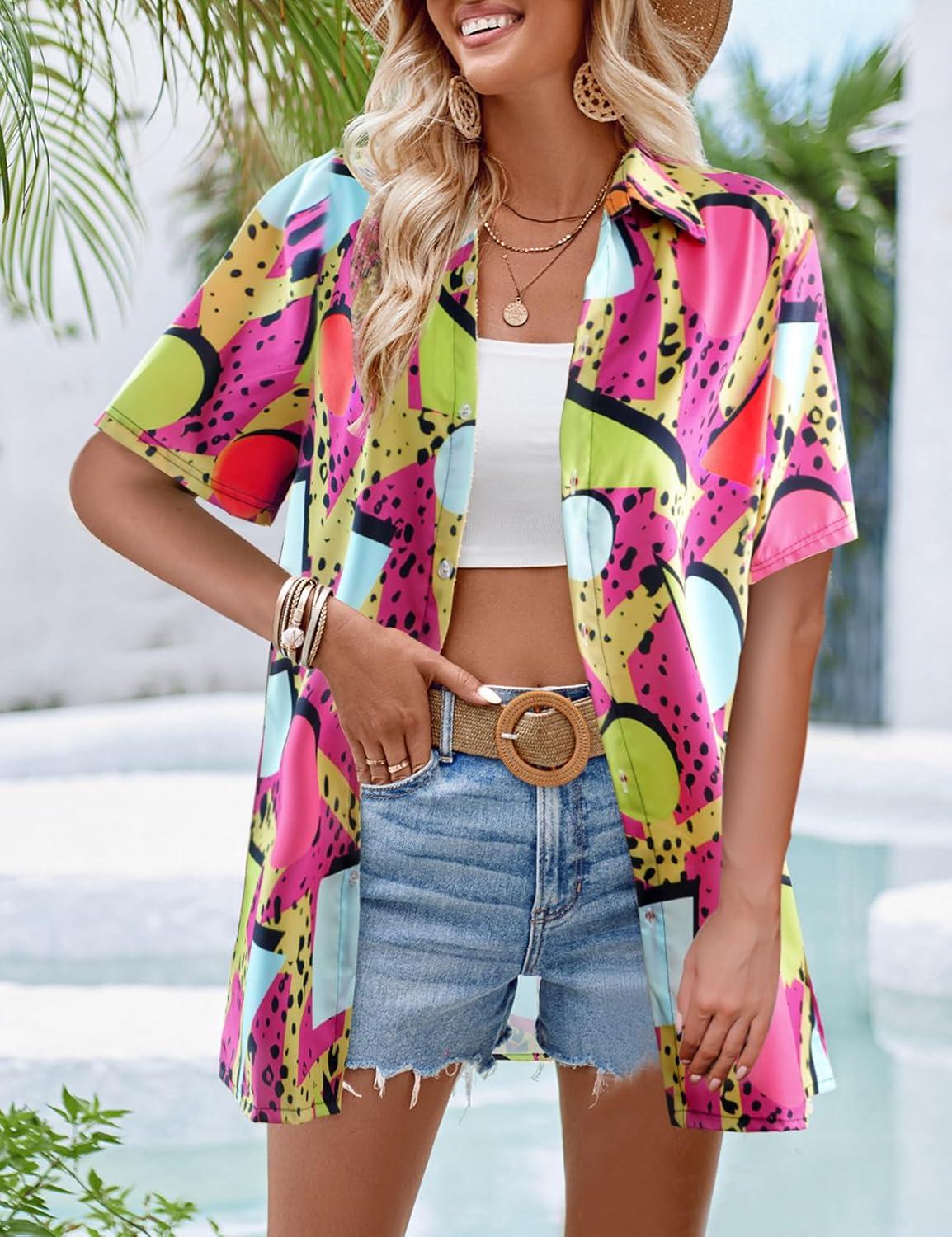 Arssm 80s 90s Shirts for Women Retro Vintage Party Disco Outfits Neon Hawaiian Button Down Blouses Tees Tops(Pink)