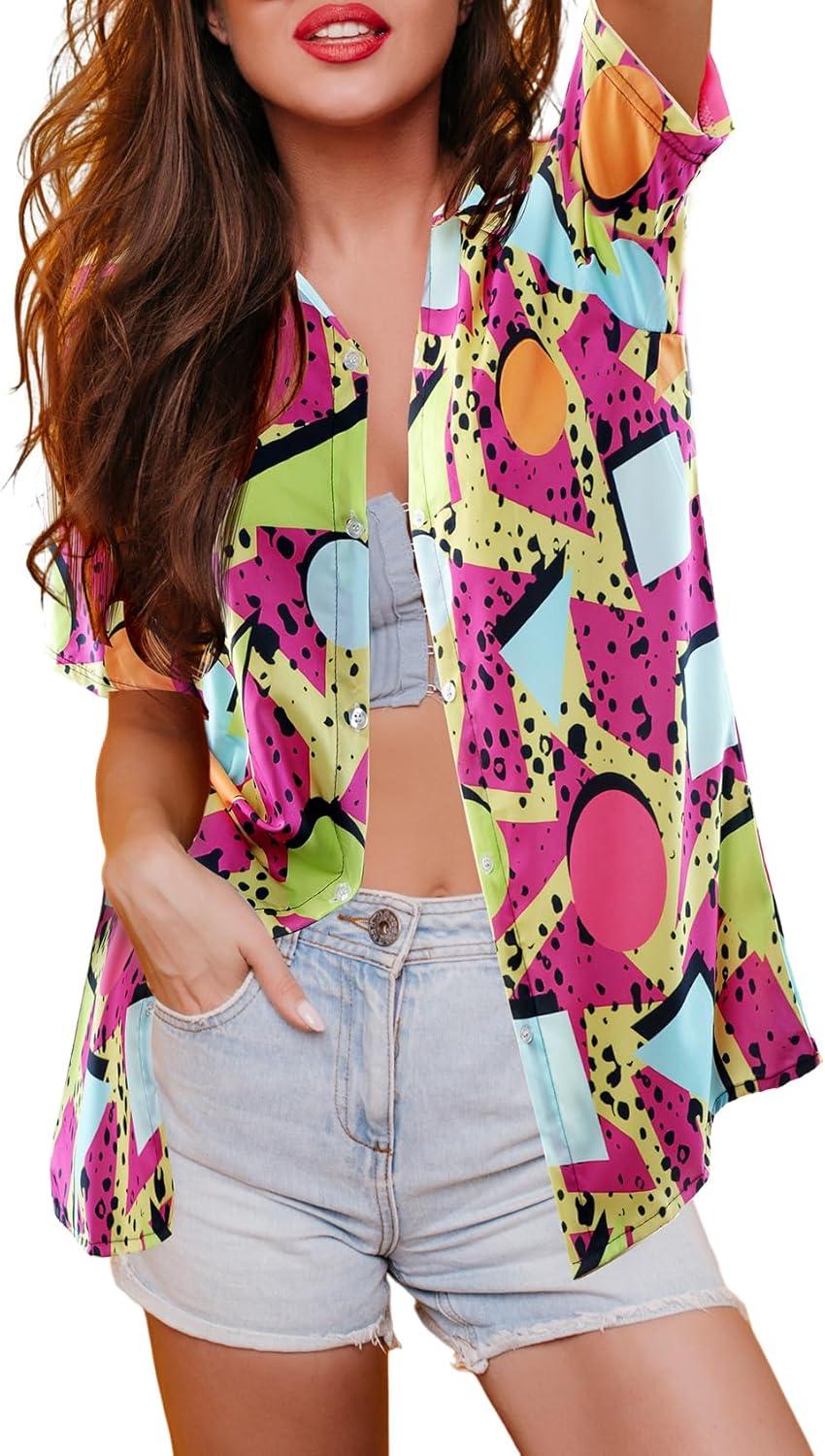 Arssm 80s 90s Shirts for Women Retro Vintage Party Disco Outfits Neon Hawaiian Button Down Blouses Tees Tops(Pink)